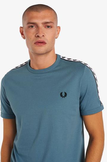 Grey Blue Fred Perry Taped Ringer Men's T Shirts | PH 1777UZGT